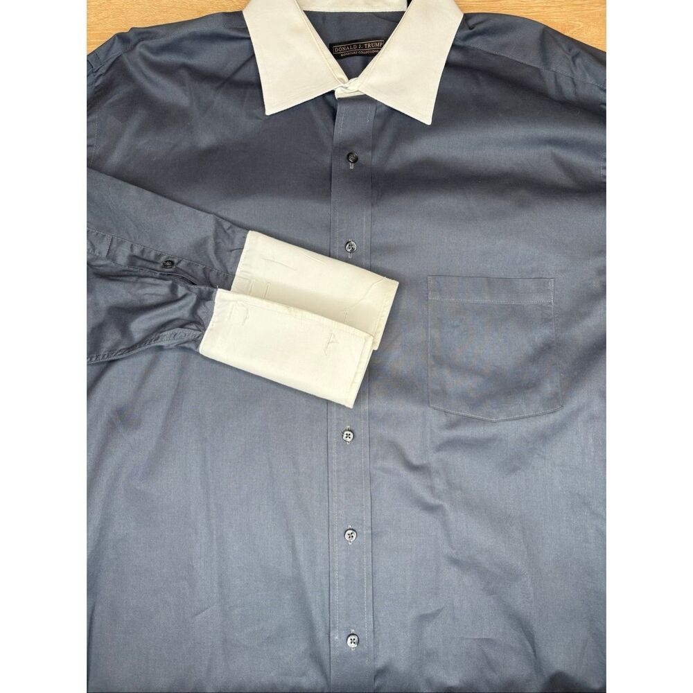 Donald J. Trump Signature Collection Blue Gray French Cuff Dress 100% Cotton Shi